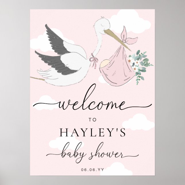 Poster Baby shower de cigogne rose Bienvenue (Devant)