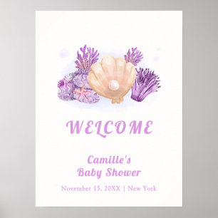 Poster Baby shower de coquillage de perles violet rustiqu