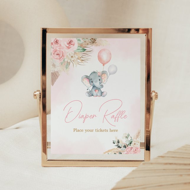 Poster Baby shower de couches de ballons roses Raffle (Pink Floral Pampas Grass Elephant Baby Shower Diaper Raffle Sign)