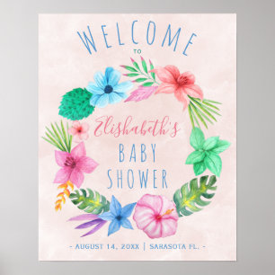 Poster Baby shower de couronnes tropicales rose signe de 