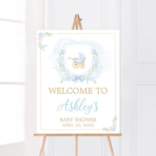 Poster Baby shower de crête bleu aquarelle Bienvenue (Blue Gold Carriage Crest Baby Shower Welcome Sign)