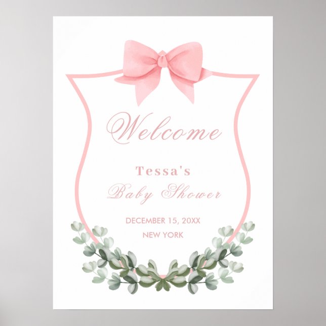 Poster Baby shower de crête Eucalyptus Bow rose Bienvenue (Devant)