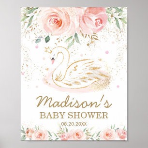 Poster Baby shower de cygne rose fleuri 1er anniversaire 