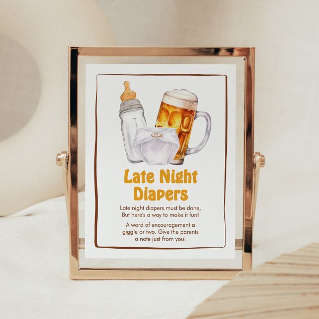 Poster Baby shower de fête de la couche de bière Diaports (Beer Diaper Party Baby Shower Late Night Diapers Sign)