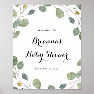 Poster Baby shower de feuillage Eucalyptus vert Bienvenue