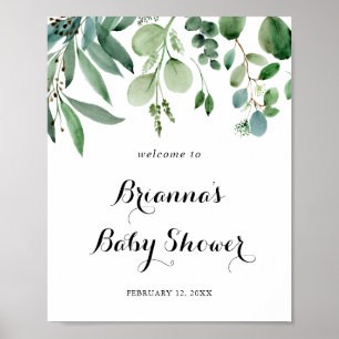 Poster Baby shower de feuillage vert Eucalyptus Bienvenue