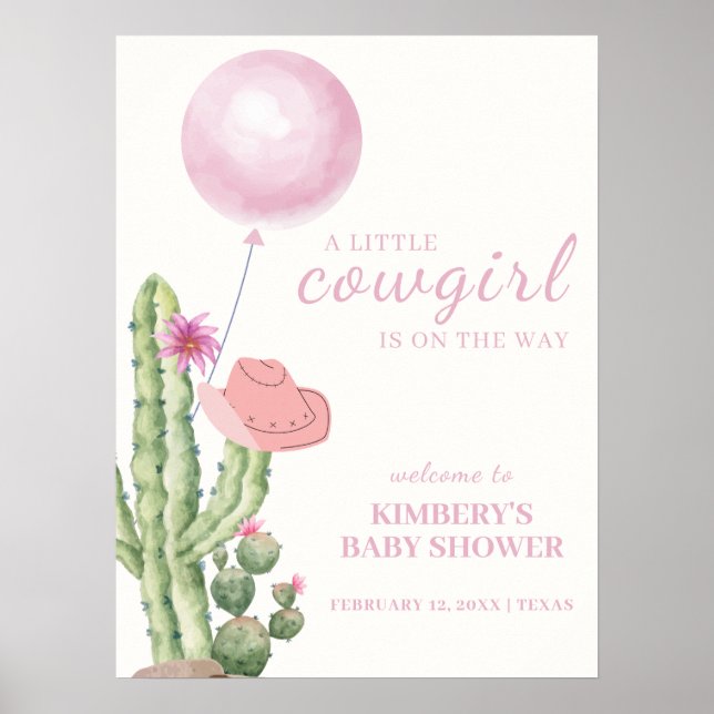 Poster Baby shower de fille à ballons de cactus rose Bien (Devant)