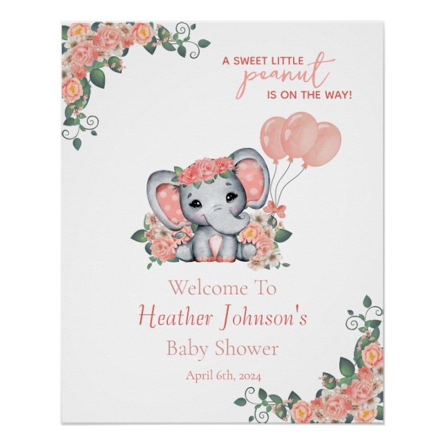 Poster Baby shower de fille éléphante (Devant)