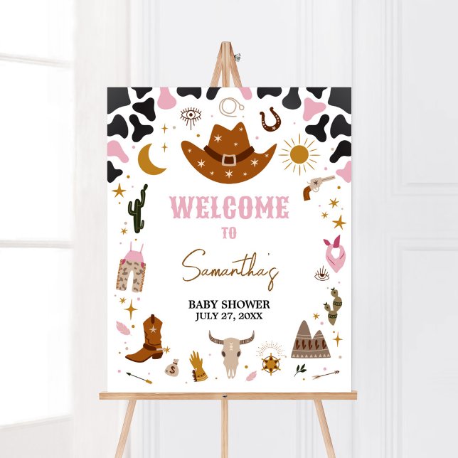 Poster Baby shower de fille rose de l'Ouest Bienvenue (Boho Wild West Rodeo Baby Shower Welcome Sign)