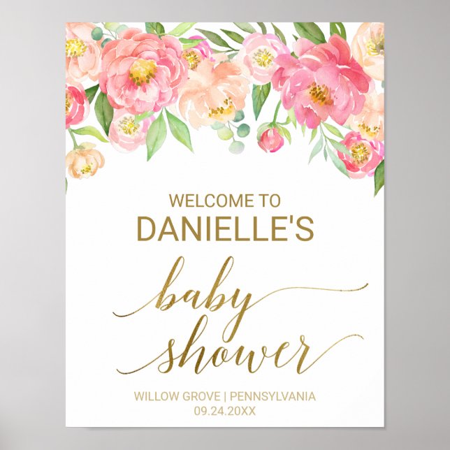 Poster Baby shower de fleurs de tourbe rose et de poitrin (Devant)