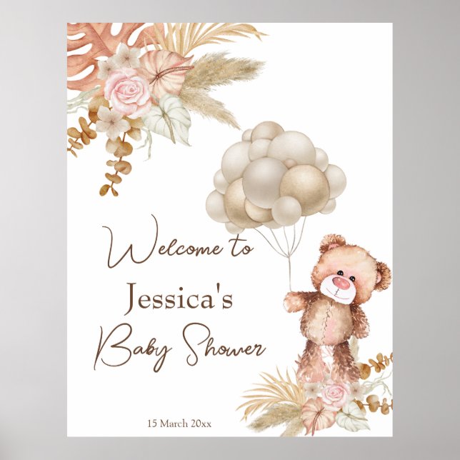 Poster Baby shower de fleurs séchées de marron pastel crè (Devant)