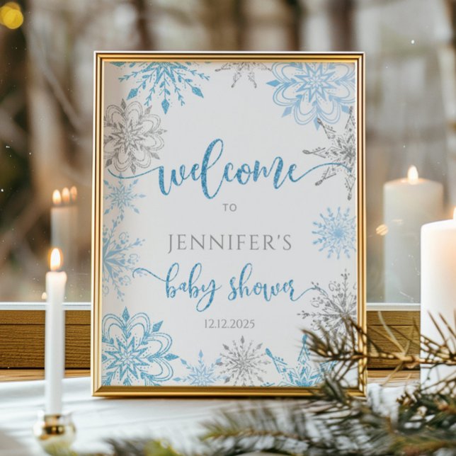 Poster Baby shower de flocons d'argent bleu d'hiver Bienv (Créateur téléchargé)
