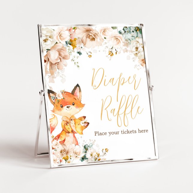 Poster Baby shower de foin de bois de renard floral Raffi (Fox Baby Shower Diaper Raffle Sign)
