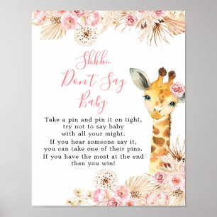 Poster Baby shower de girafe de Boho rose vif Ne pas dire