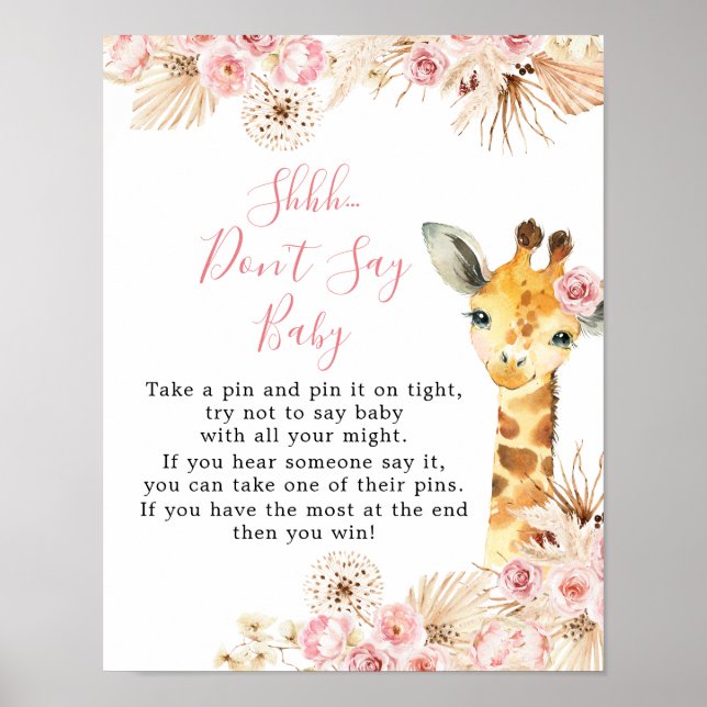 Poster Baby shower de girafe de Boho rose vif Ne pas dire (Devant)