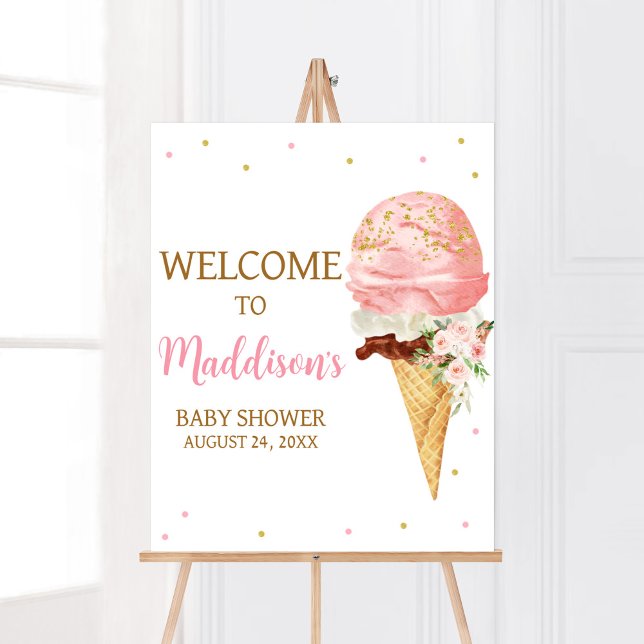 Poster Baby shower de glace rose Bienvenue (Here is the Scoop Baby Shower Welcome Sign)