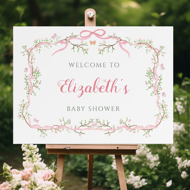 Poster Baby shower de jardin rose et vert de printemps Bi (Créateur téléchargé)