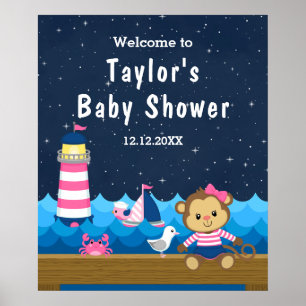Poster Baby shower de la marine rose singe Nautique