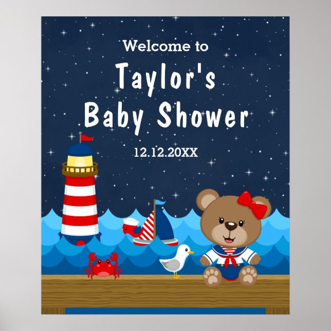 Poster Baby shower de la Marine Rouge Bear Nautique (Devant)