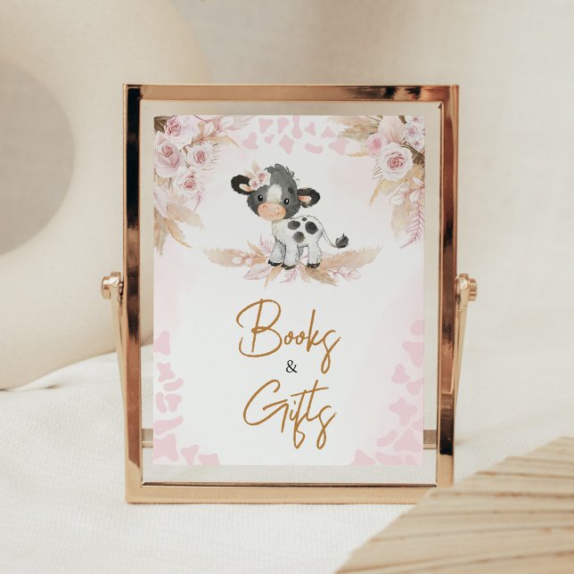 Poster Baby shower de la vache rose Livres et Cadeaux (Highland Cow Baby Shower Books and Gifts Sign)