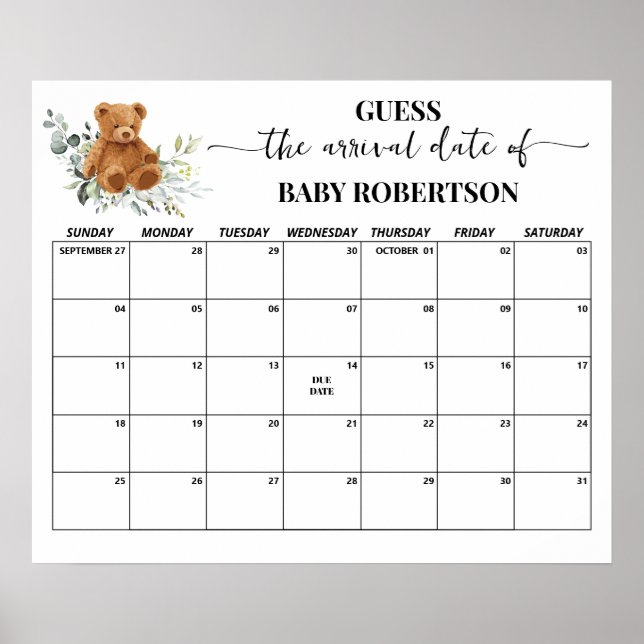 Poster Baby shower de la verdure de l'ours Guess Date d'é (Devant)