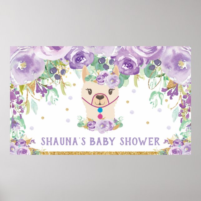 Poster Baby shower de lama Floral Violet Accueil (Devant)