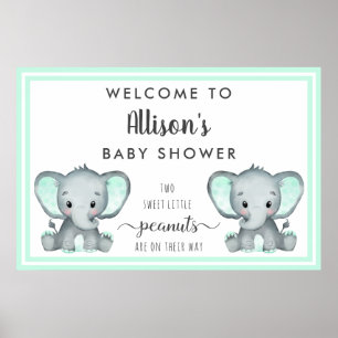 Poster Baby shower de menthe Eléphants jumeaux Bienvenue