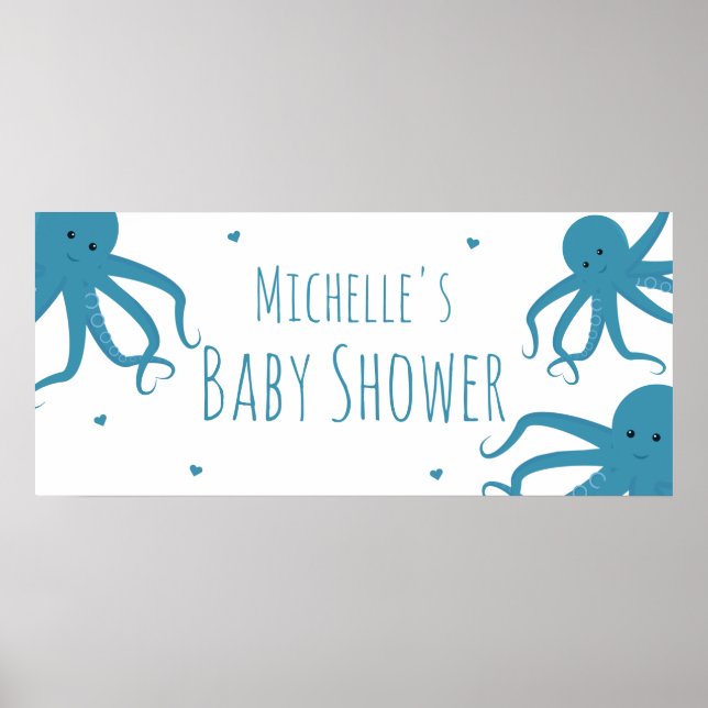 Poster Baby shower de nom bleu large octopus (Devant)