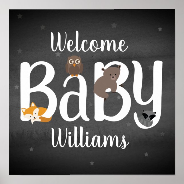 Poster Baby shower de nuit Sleepy Woodland Animaux (Devant)