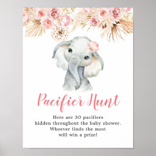 Poster Baby shower de Pacifier Boho rose Elephant Girl