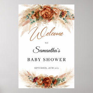Poster Baby shower de pampas à fleurs en terre cuite trop