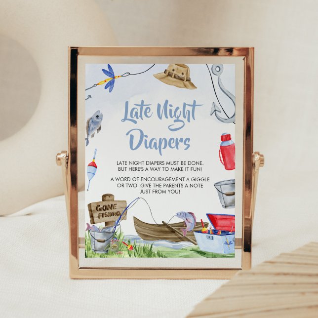 Poster Baby shower de pêche Diapositives nocturnes (Little Fisherman Baby Shower Late Night Diapers Sign)