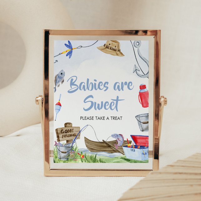 Poster Baby shower de pêche Les bébés sont doux (Little Fisherman Baby Shower Babies are Sweet Sign)