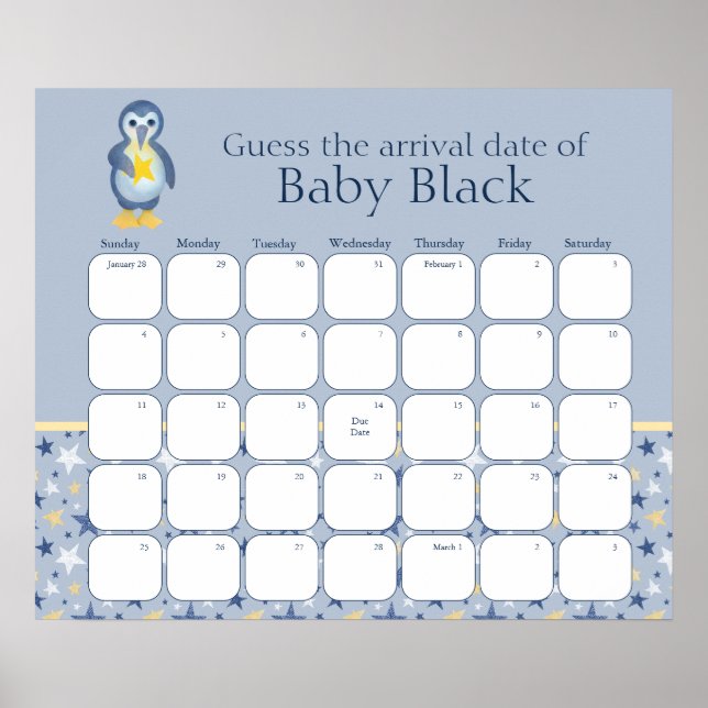 Poster Baby shower De Pingouin D'Hiver Devinez La Date D' (Devant)