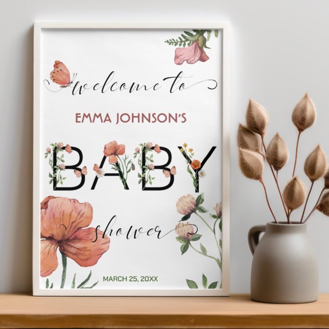 Poster Baby shower de Poppies rose aquarelle Bienvenue (Créateur téléchargé)