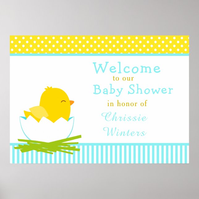Poster Baby shower de poussins bleu et jaune (Devant)