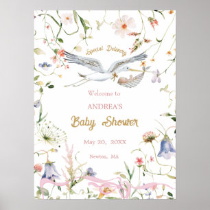 Poster Baby shower de ruban Fleur sauvage Stork Bienvenue