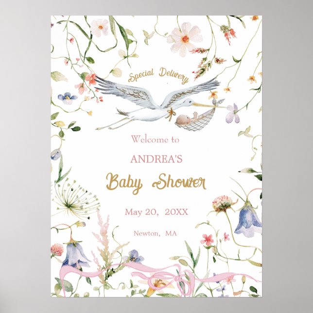 Poster Baby shower de ruban Fleur sauvage Stork Bienvenue (Devant)