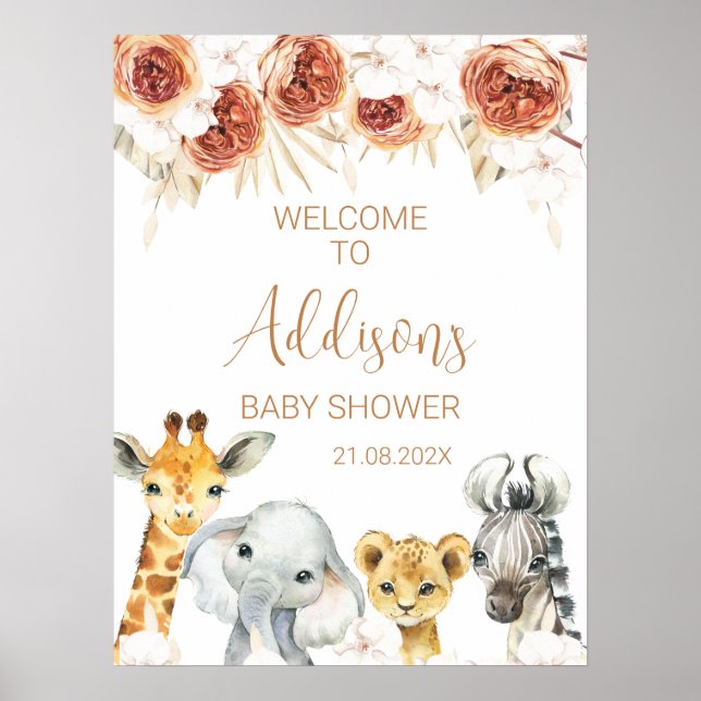 Poster Baby shower de Safari Floral Orange Brûlé Bienvenu (Devant)