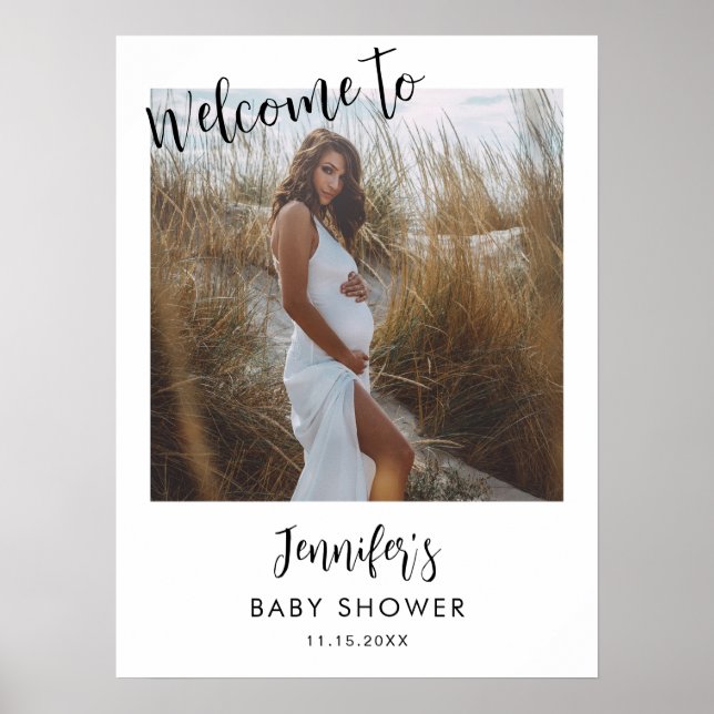 Poster Baby shower de script photo moderne Bienvenue (Devant)