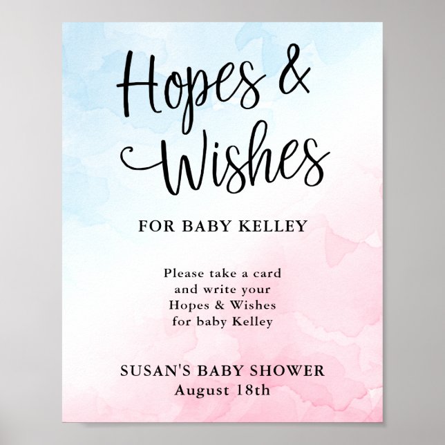 Poster Baby shower de script rose et bleu avec des espoir (Devant)