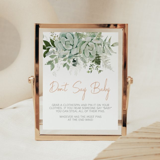 Poster Baby shower de succulents verdure Ne pas dire bébé (Succulent Gender Neutral Baby Shower Don't Say Baby Sign)