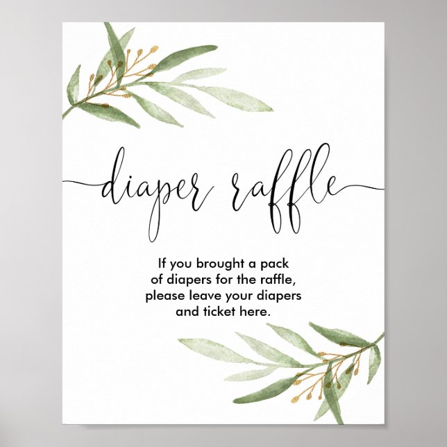 Poster Baby shower de tombola de couche or vert (Devant)