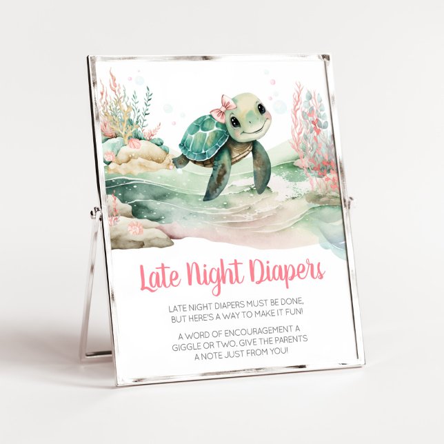 Poster Baby shower de tortue de mer Fille Diapeurs noctur (A Little Hatching Is On the Way Baby Shower Late Night Diapers Sign)