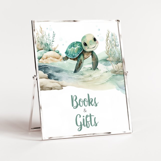 Poster Baby shower de tortue de mer Livres et cadeaux (A Little Hatching Is On the Way Baby Shower Books and Gifts Sign)