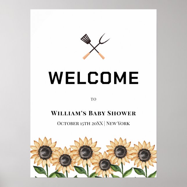 Poster Baby shower de tournesol BBQ rustique Bienvenue (Devant)