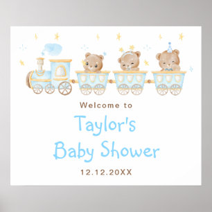 Poster Baby shower de train Bear Blue
