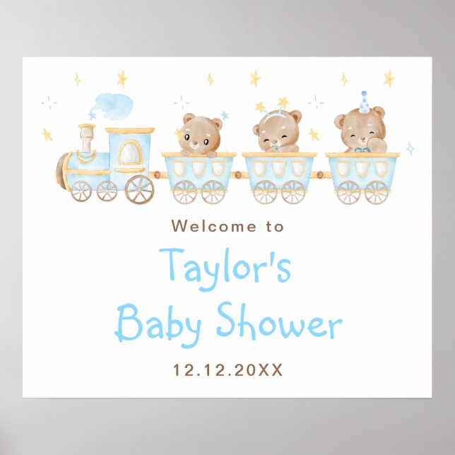 Poster Baby shower de train Bear Blue (Devant)
