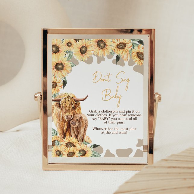 Poster Baby shower de vache Sunflower Highland Ne dites p (Summer Holy Cow Baby Shower Don't Say Baby Sign)