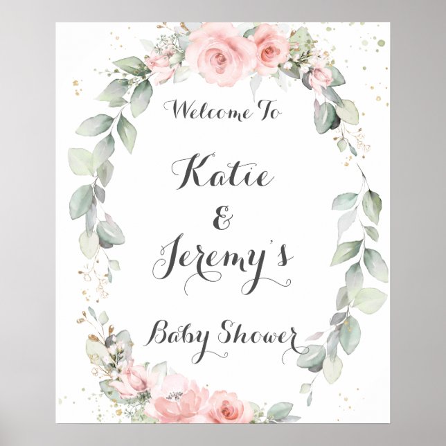 Poster Baby shower de verdure rose doux Bienvenue (Devant)